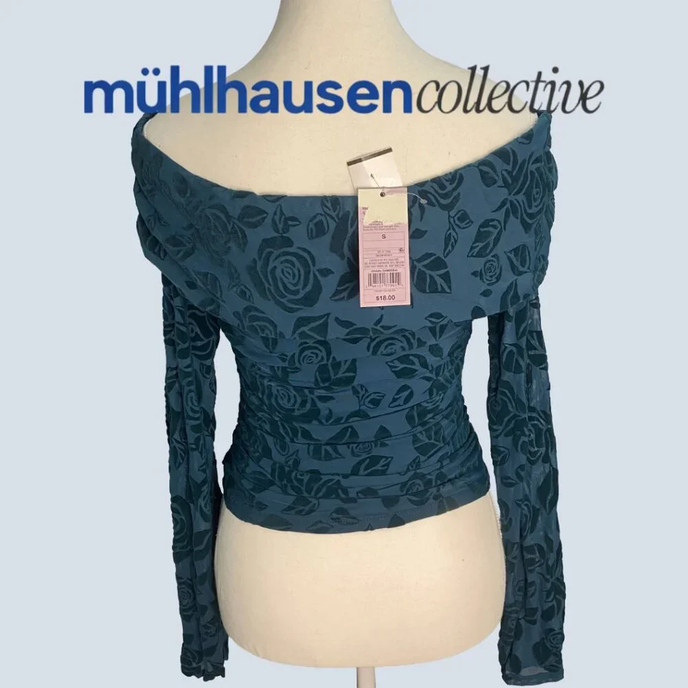 NWT Wild Fable Velvet Mesh Teal Floral Off-Shoulder Top - Picture 3 of 5